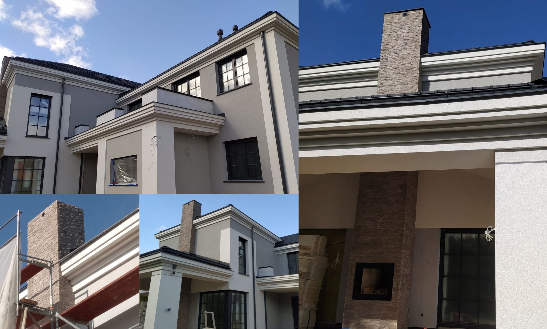 Nowoczesny dom jednorodzinny z szarą elewacją, czarnymi oknami i kamiennym kominem, częściowo widoczny z rusztowania, w słoneczny dzień.