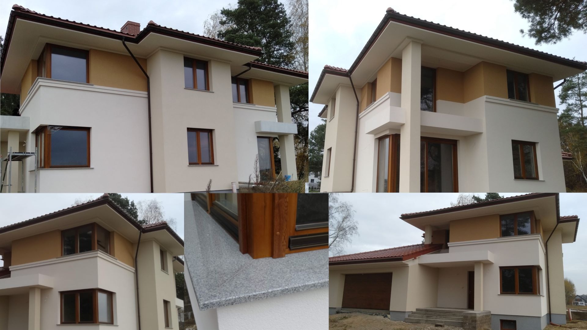 Nowoczesny dom jednorodzinny z jasną elewacją, ciemnobrązowymi oknami i elementami w kolorze piaskowym, widoczny z różnych perspektyw, z detalami wykończenia okien na zbliżeniu.