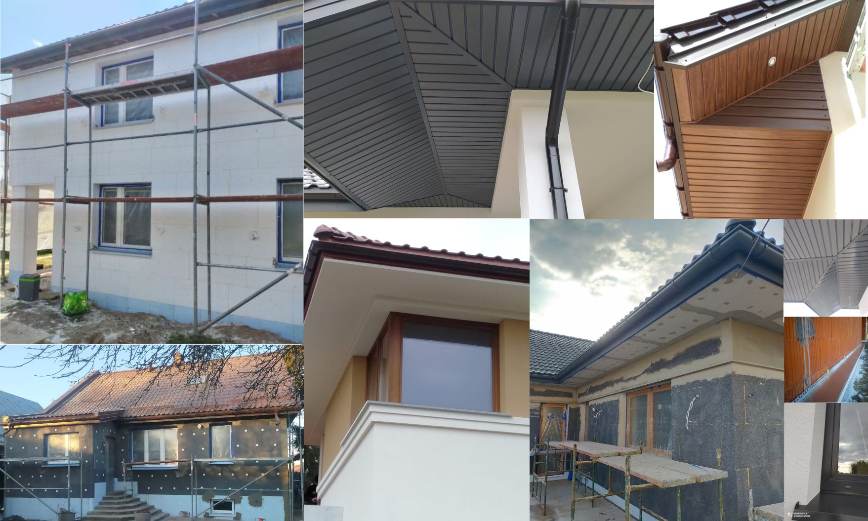 Kompozycja zdjęć przedstawiająca różne etapy prac elewacyjnych: budynek w trakcie ocieplania z rusztowaniem, detale podbitki dachowej w różnych kolorach i materiałach, oraz fragment elewacji...