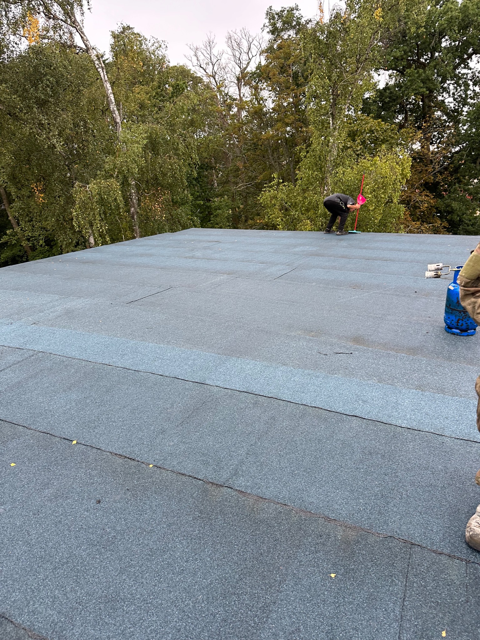 Pracownik z czerwoną miotłą i niebieską butlą gazową na płaskim dachu pokrytym papą termozgrzewalną, w tle drzewa.