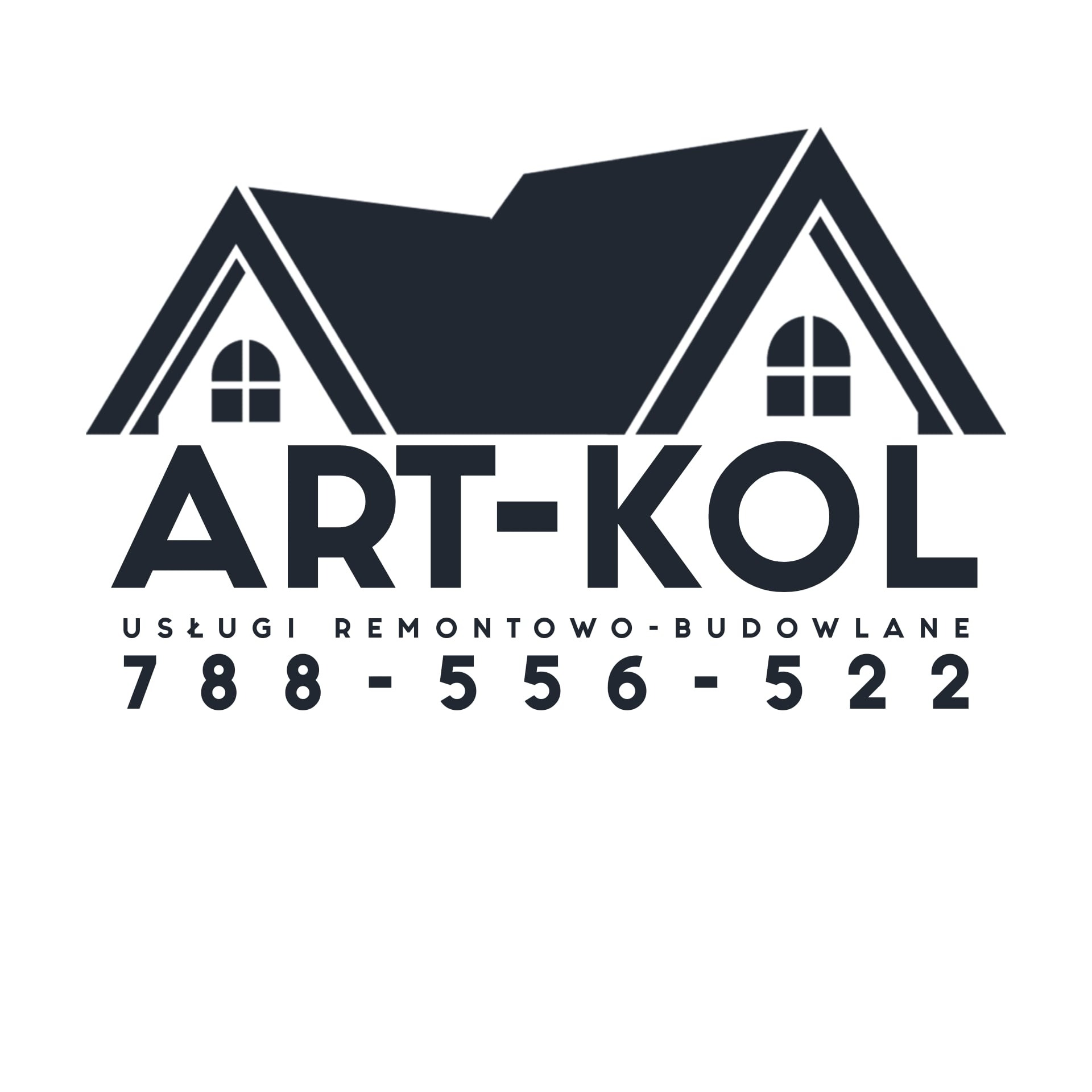 Logo firmy remontowo-budowlanej ART-KOL z sylwetką domu i numerem telefonu 788-556-522.