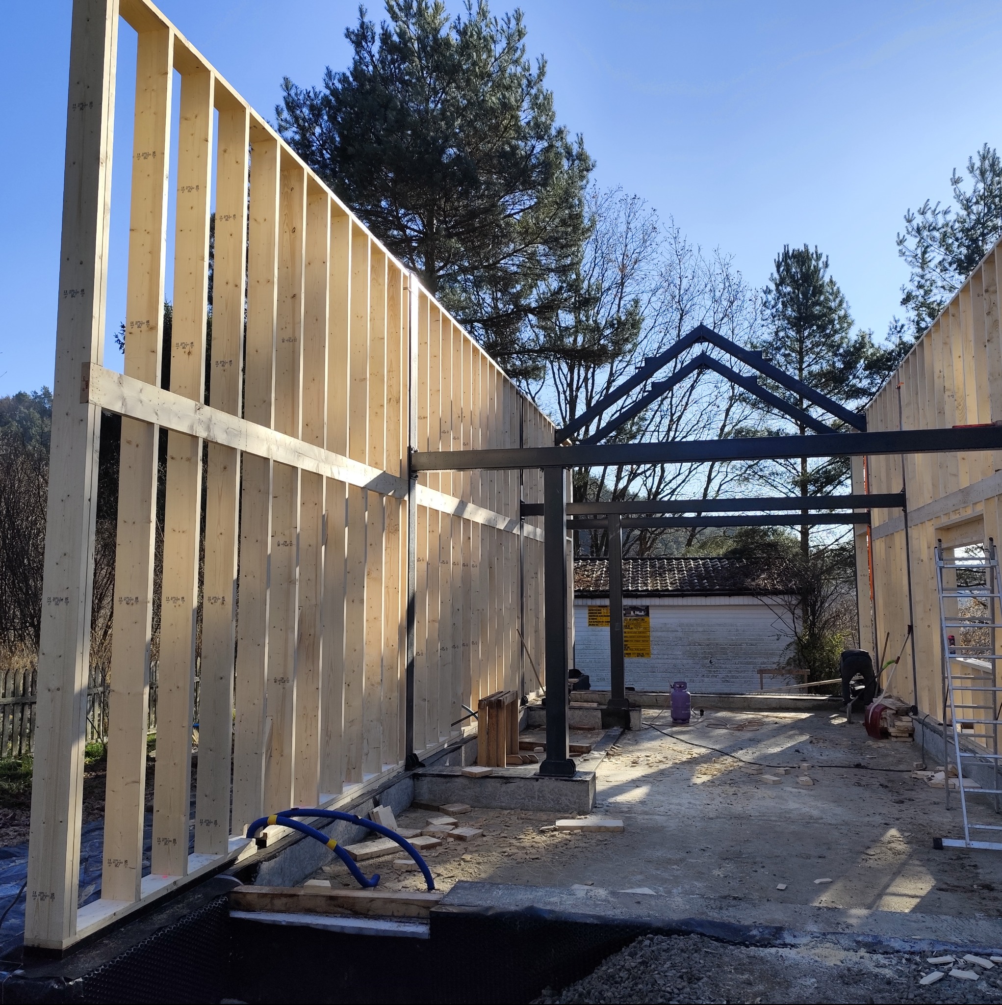 Wznoszenie konstrukcji domu szkieletowego: drewniane ściany z widocznymi słupkami i metalowa konstrukcja dachu na fundamencie. W tle drzewa i błękitne niebo.