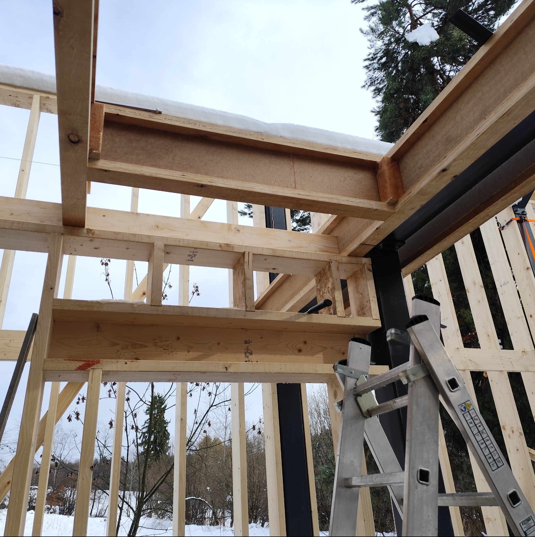 Konstrukcja domu szkieletowego w trakcie budowy, widok z dołu na drewniane belki i stalowe wsporniki, drabina oparta o konstrukcję, zimowy krajobraz w tle.