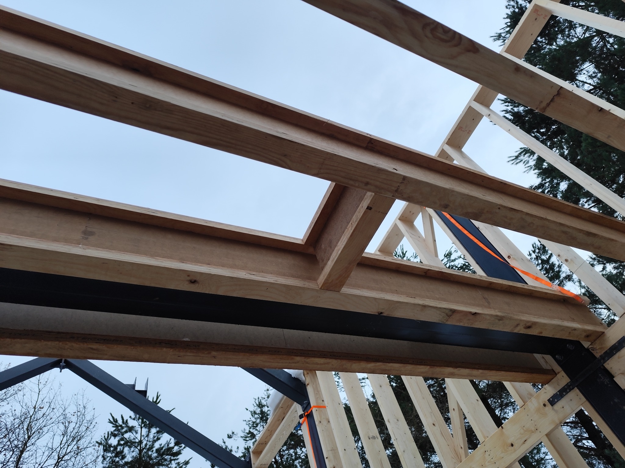 Wnętrze konstrukcji domu szkieletowego w trakcie budowy, widok z dołu na drewniane belki i stalowe elementy łączące na tle nieba i drzew.