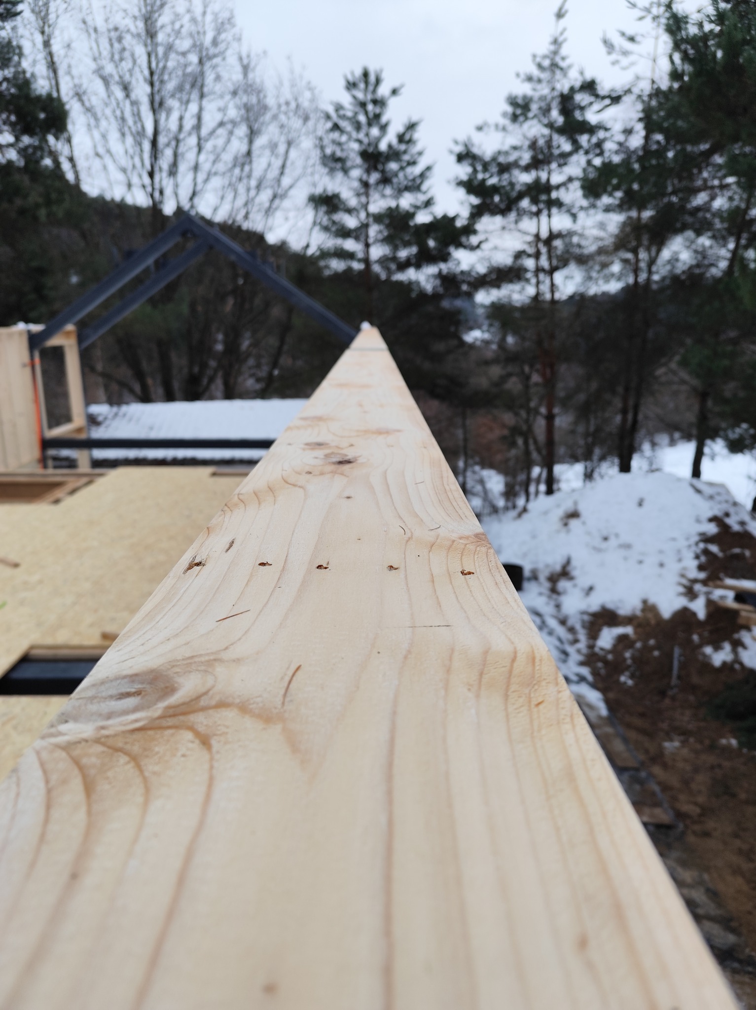 Fragment konstrukcji domu szkieletowego w trakcie budowy, widok z góry na drewniany element, w tle las i śnieg.
