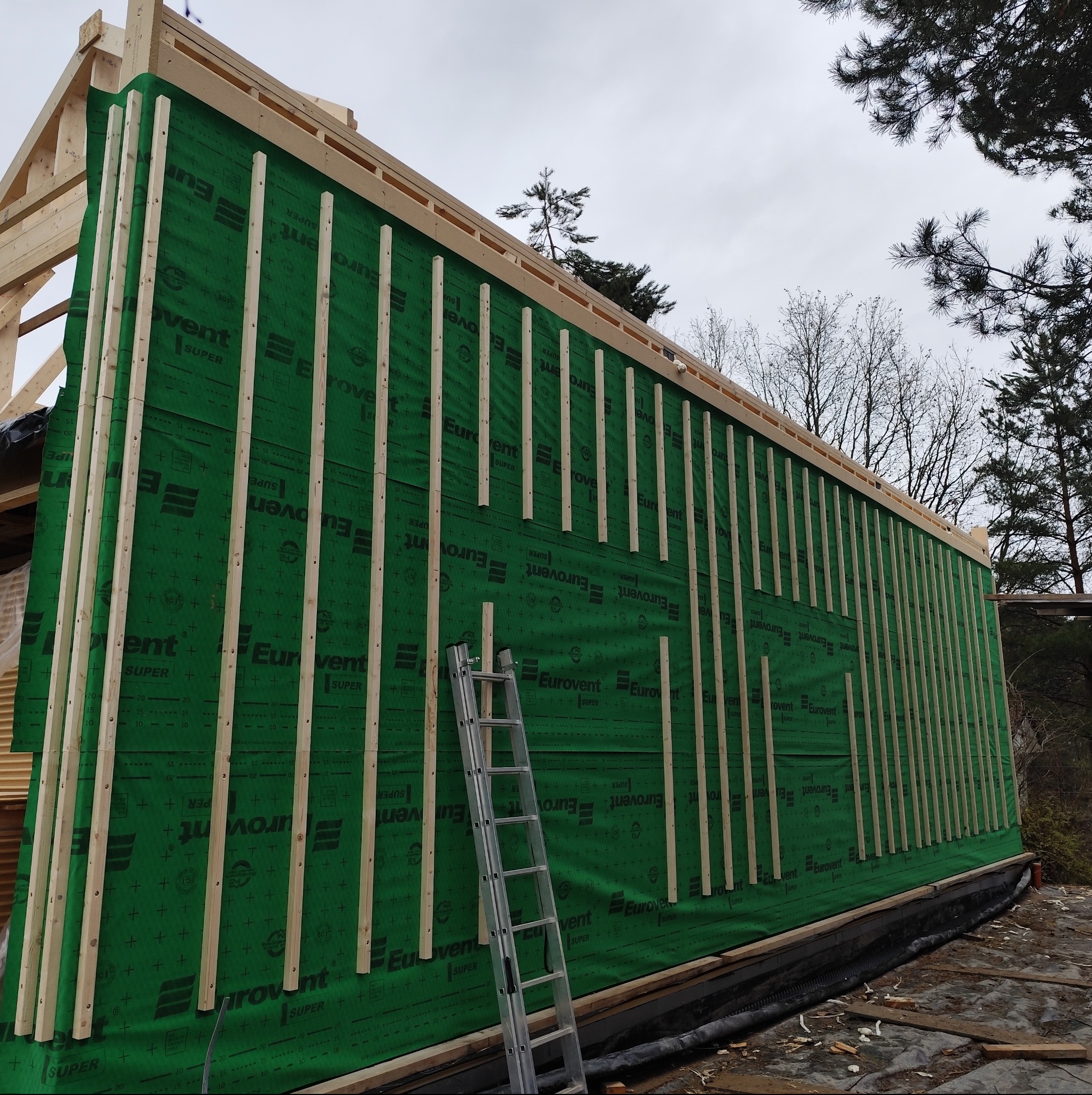 Konstrukcja domu szkieletowego w trakcie budowy: zielona membrana, drewniane listwy, drabina oparta o ścianę. Widoczne elementy więźby dachowej i fragment otoczenia.