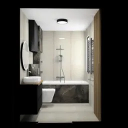 Wizualizacja łazienki z czarnymi akcentami: szafka pod umywalką z okrągłym lustrem, wanna obudowana płytkami imitującymi marmur, toaleta, grzejnik drabinkowy i drewniana ścianka działowa.