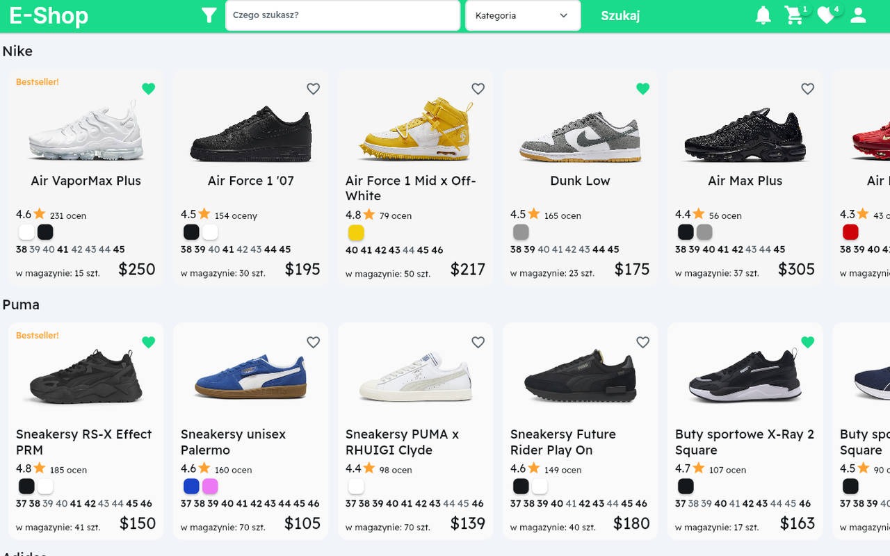 Prezentacja strony sklepu internetowego z ofertą butów sportowych marek Nike i Puma, widoczne nazwy modeli, oceny klientów, dostępne rozmiary, ceny i informacje o dostępności.