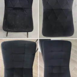 Kolaż przedstawia czarne krzesło tapicerowane welurem przed i po czyszczeniu, ukazując wyraźną różnicę w wyglądzie i czystości materiału.