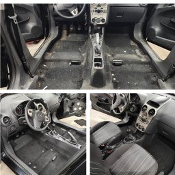 Daniel Stec - Opel Corsa: kolaż wnętrza przed i po czyszczeniu. Widoczne brudne dywaniki i tapicerka przed, a następnie czyste po usłudze. Detaliczne ujęcie deski rozdzielczej.