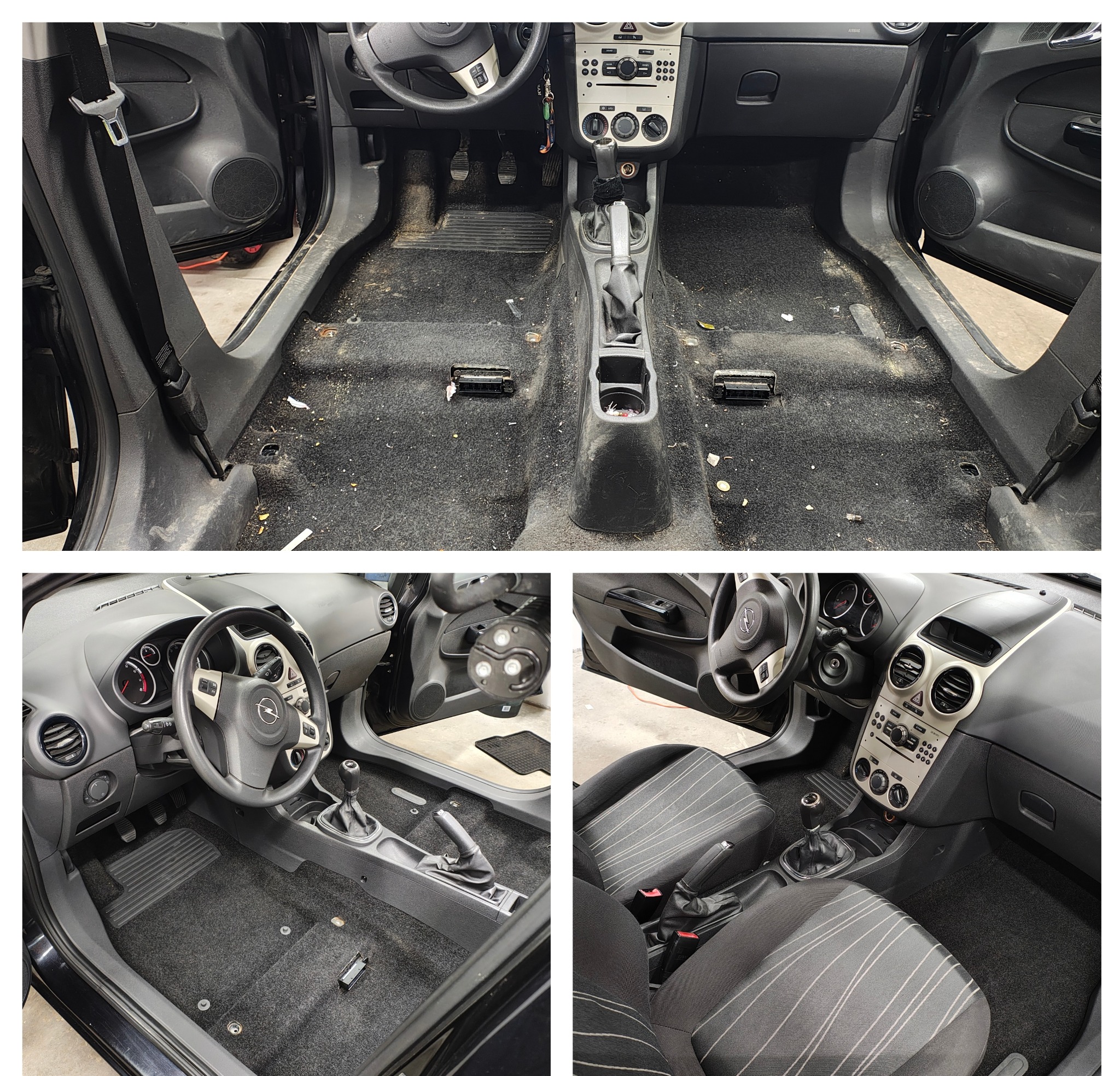 Opel Corsa: kolaż wnętrza przed i po czyszczeniu. Widoczne brudne dywaniki i tapicerka przed, a następnie czyste po usłudze. Detaliczne ujęcie deski rozdzielczej.