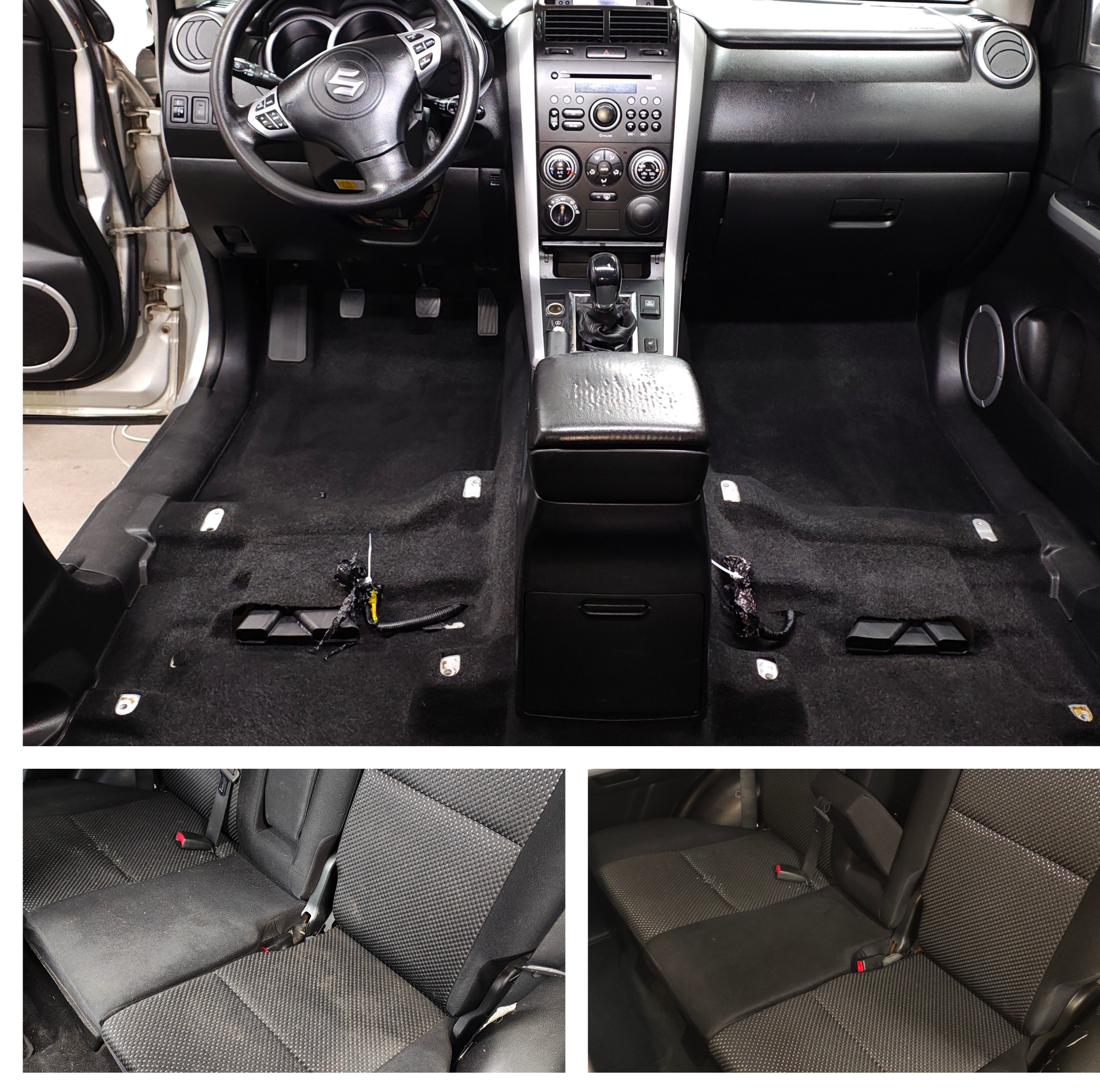 Wnętrze samochodu Suzuki Grand Vitara po czyszczeniu tapicerki. Widoczne czyste dywaniki i fotele. Ujęcie z perspektywy kierowcy.