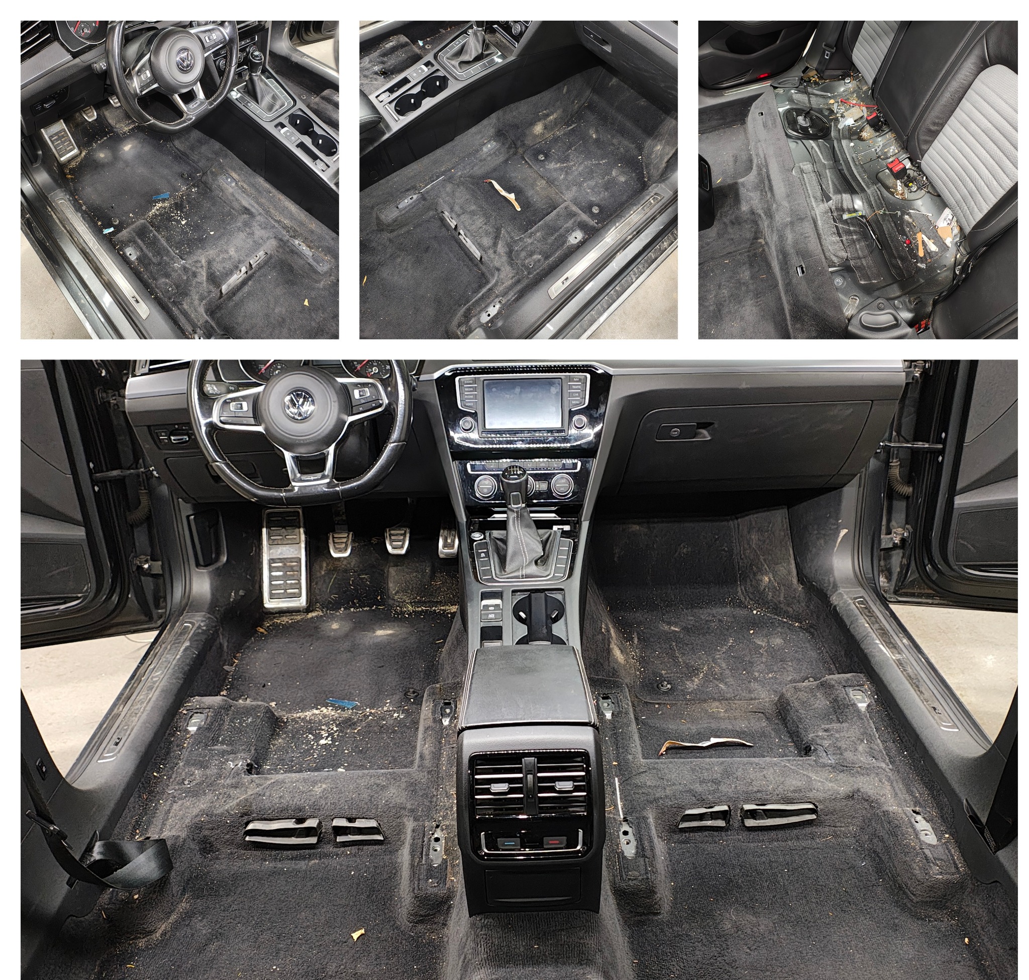 Wnętrze samochodu przed praniem tapicerki podłogowej, widoczne zabrudzenia i zanieczyszczenia. Ujęcie z góry, deska rozdzielcza i fotele częściowo widoczne.