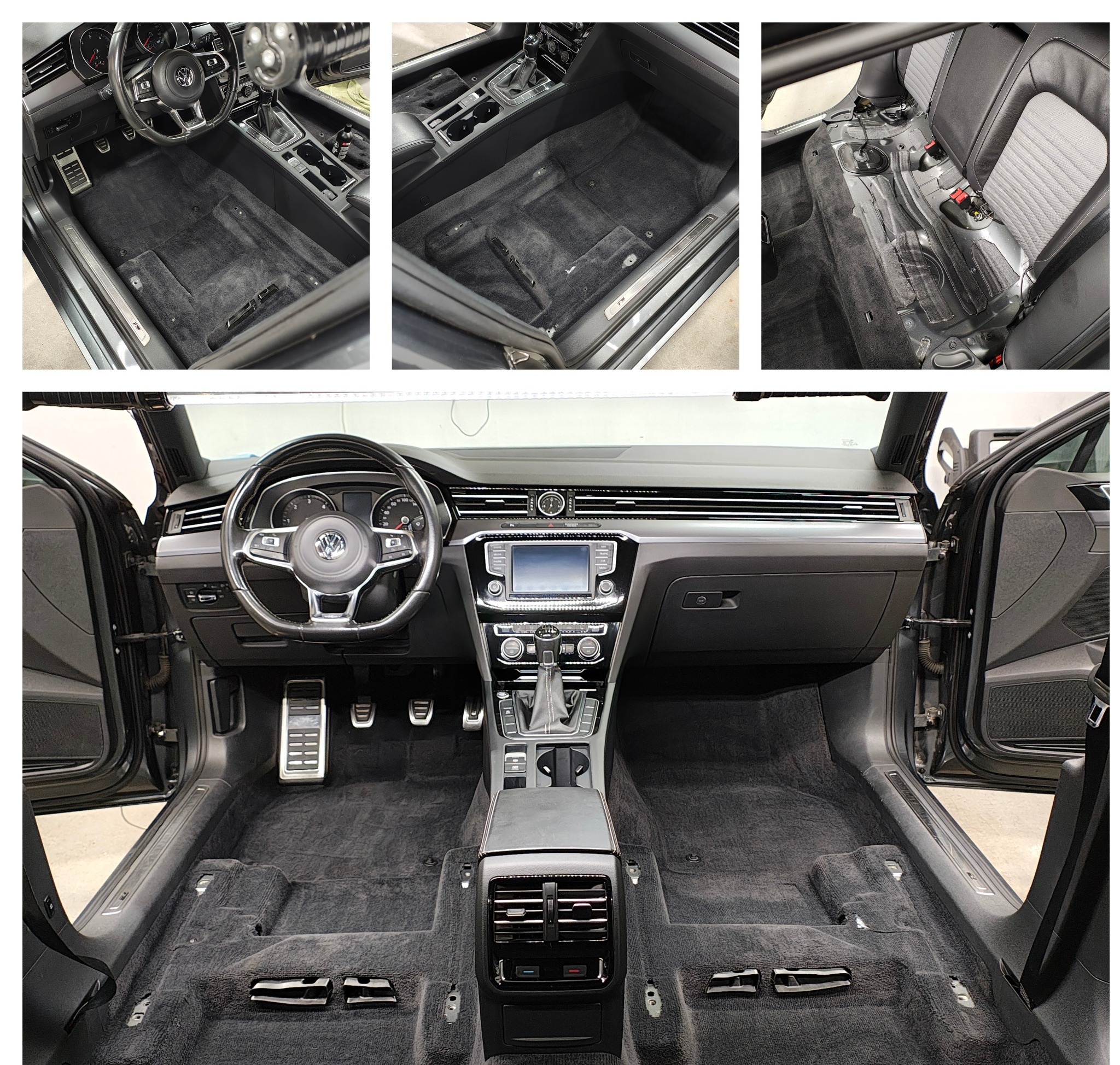 Wnętrze samochodu po demontażu tapicerki podłogowej, przygotowane do czyszczenia. Widoczne fotele, deska rozdzielcza i elementy karoserii. Czarna kolorystyka.