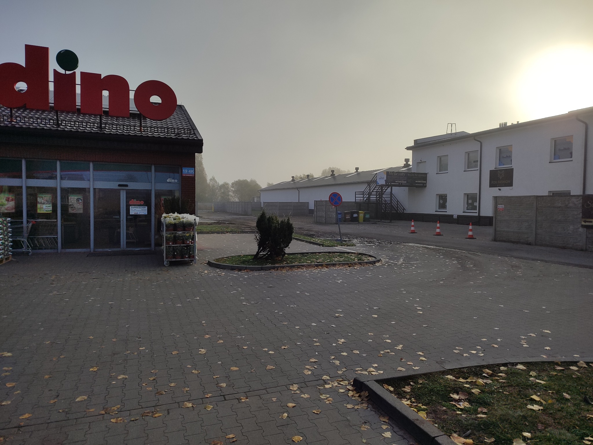 Fasada sklepu spożywczego Dino w jesienny, mglisty poranek, z widocznymi w oddali budynkami usługowymi i parkingiem usłanym liśćmi.