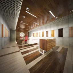 Nowoczesne biuro z drewnianym sufitem i podłogą w geometryczne wzory, jasne oświetlenie, minimalistyczne meble i ekspozycja próbek drewna na ścianie.