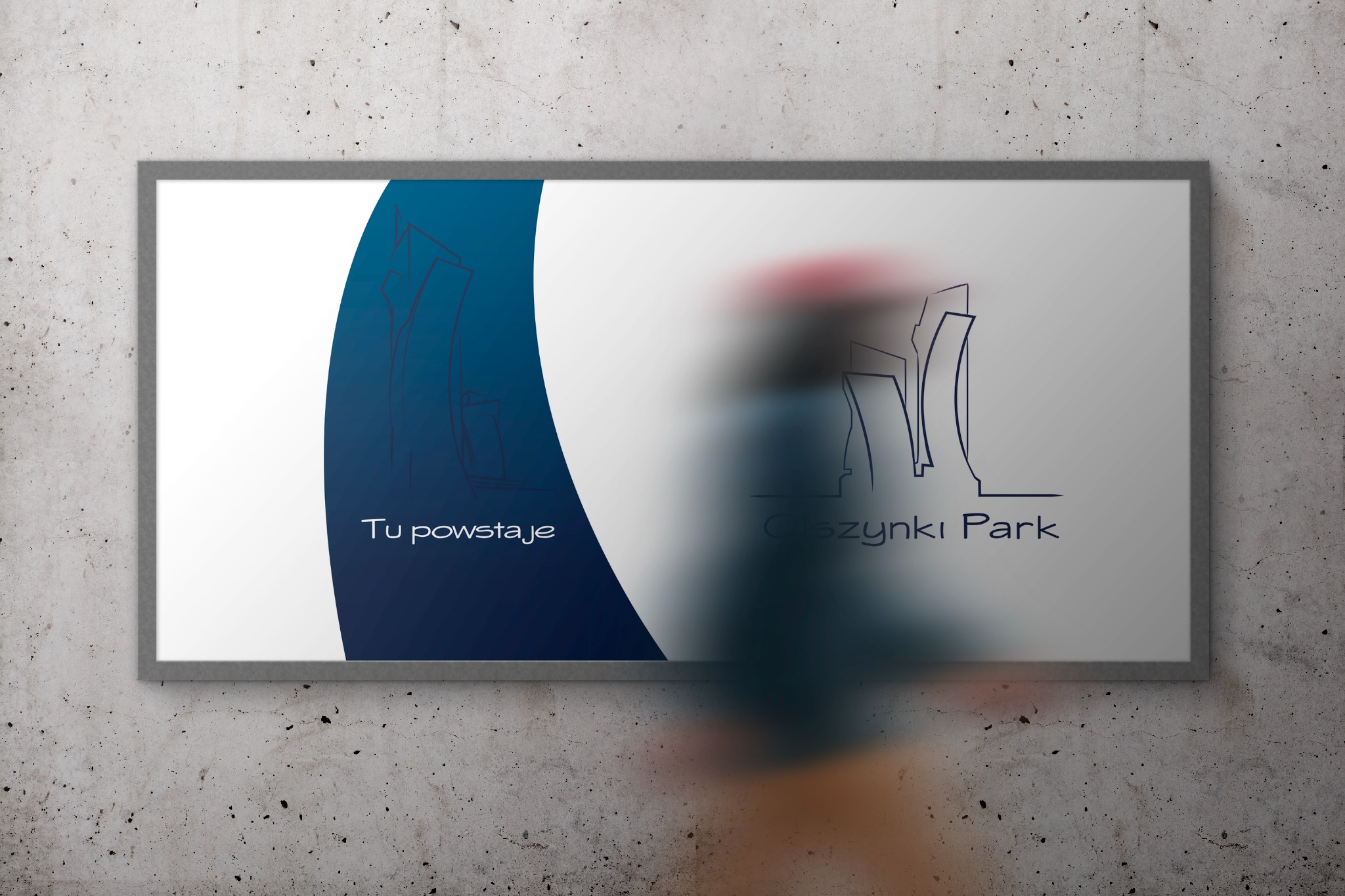 Wizualizacja graficzna projektu architektonicznego 'Olszynki Park' na plakacie z napisem 'Tu powstaje', umieszczonym na surowej, betonowej ścianie.