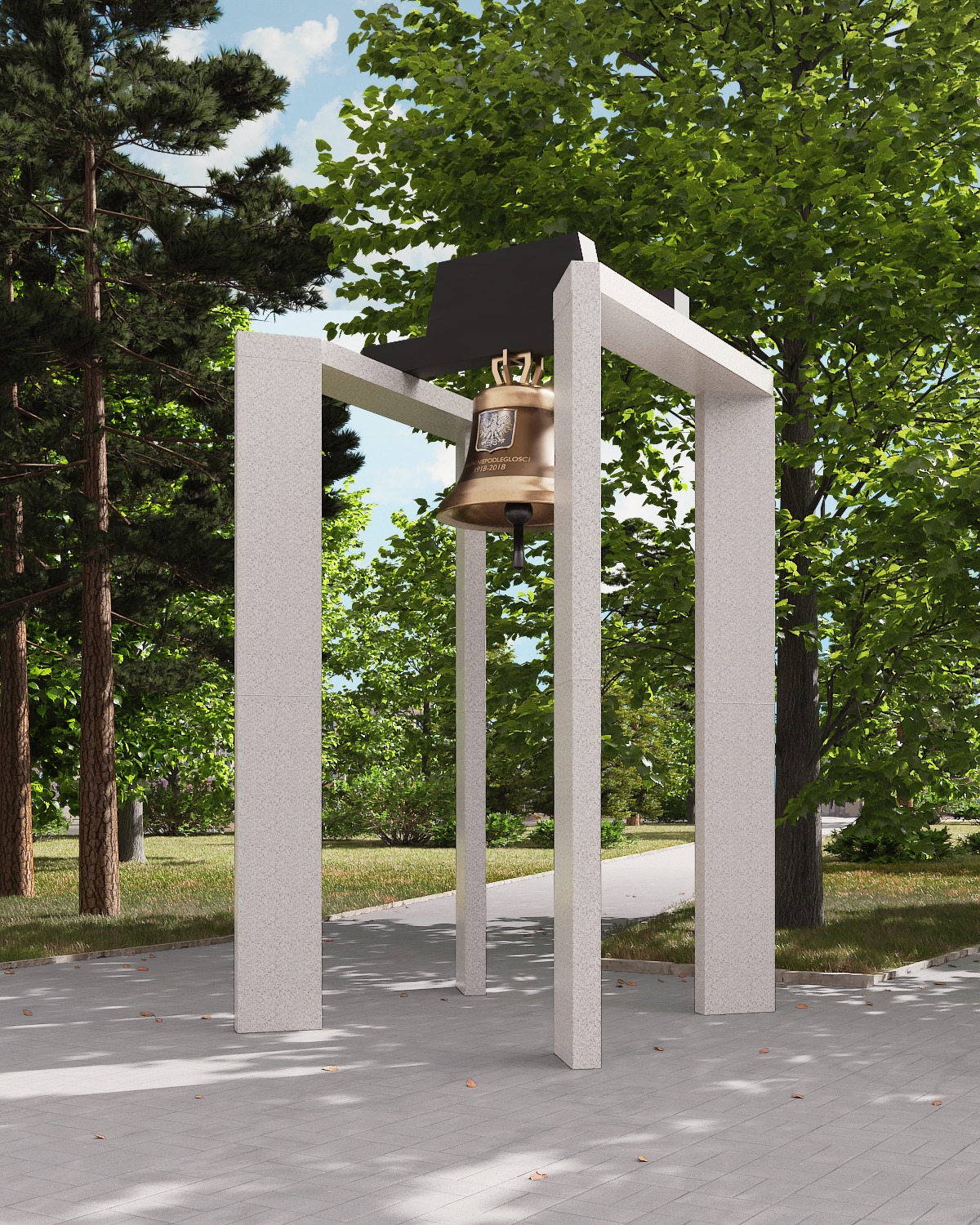 Monumentalny dzwon z brązu zawieszony w minimalistycznej, kamiennej konstrukcji w parku, upamiętniający odzyskanie niepodległości 1918-2018, otoczony drzewami i ścieżką.