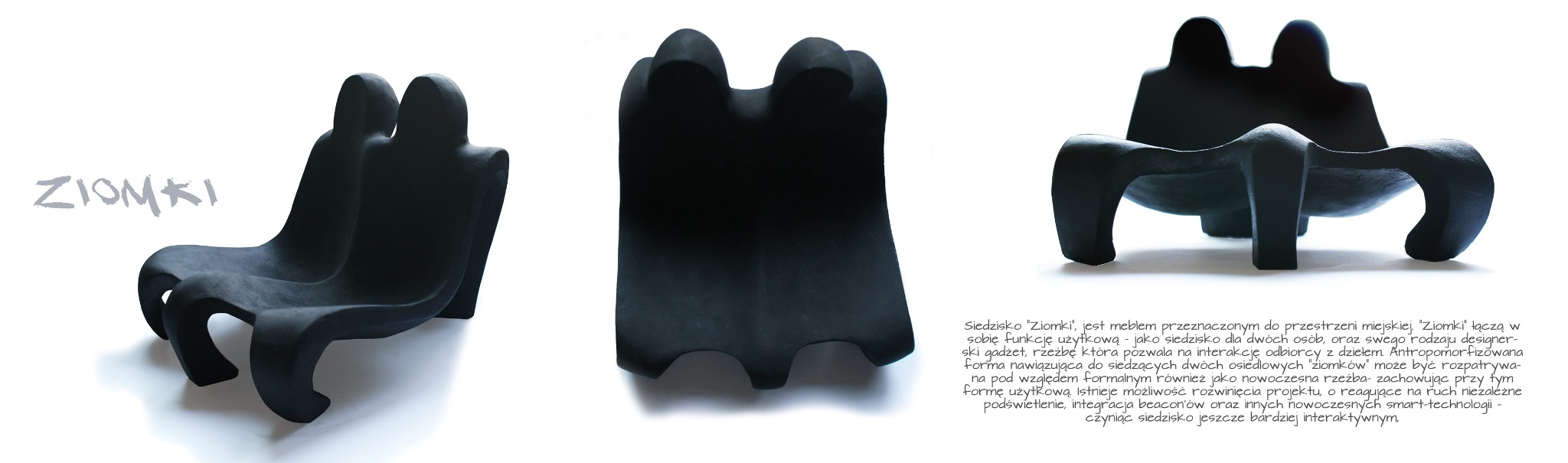 Nowoczesne, czarne siedzisko dla dwóch osób o antropomorficznej formie, przypominające siedzące postacie, prezentowane na białym tle w trzech ujęciach.