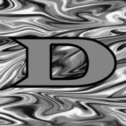 Szara litera D z czarnym obrysem na abstrakcyjnym, marmurkowym tle w odcieniach szarości.