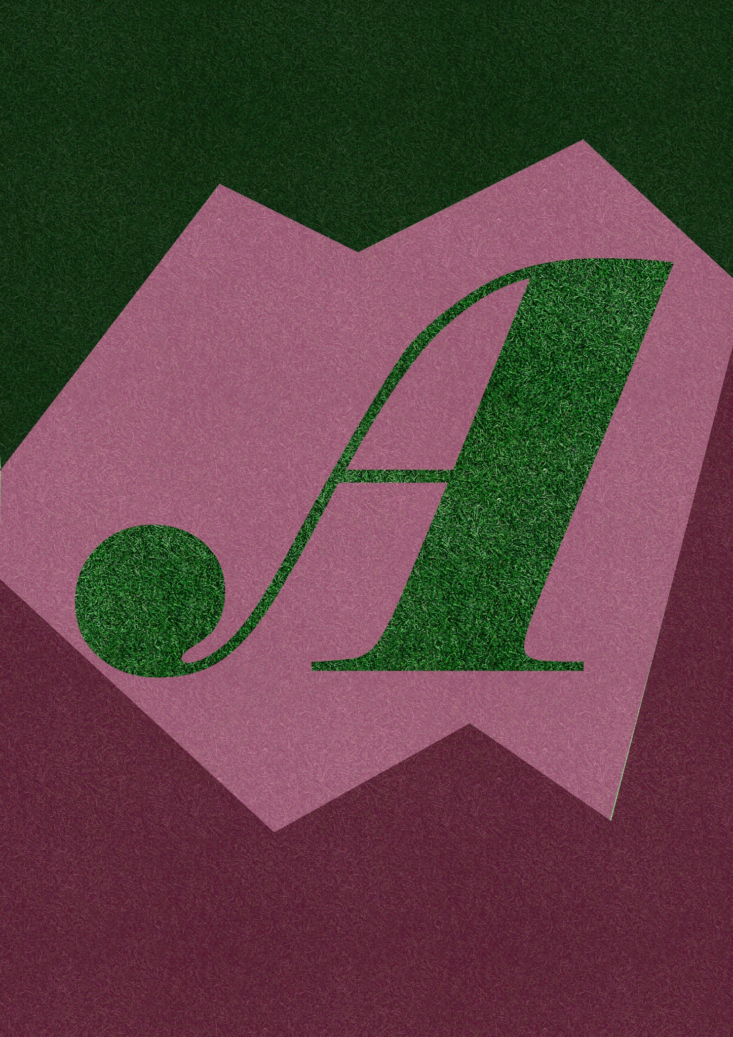 Graficzna prezentacja litery A z teksturą trawy na abstrakcyjnym, geometrycznym tle w odcieniach różu i bordo.