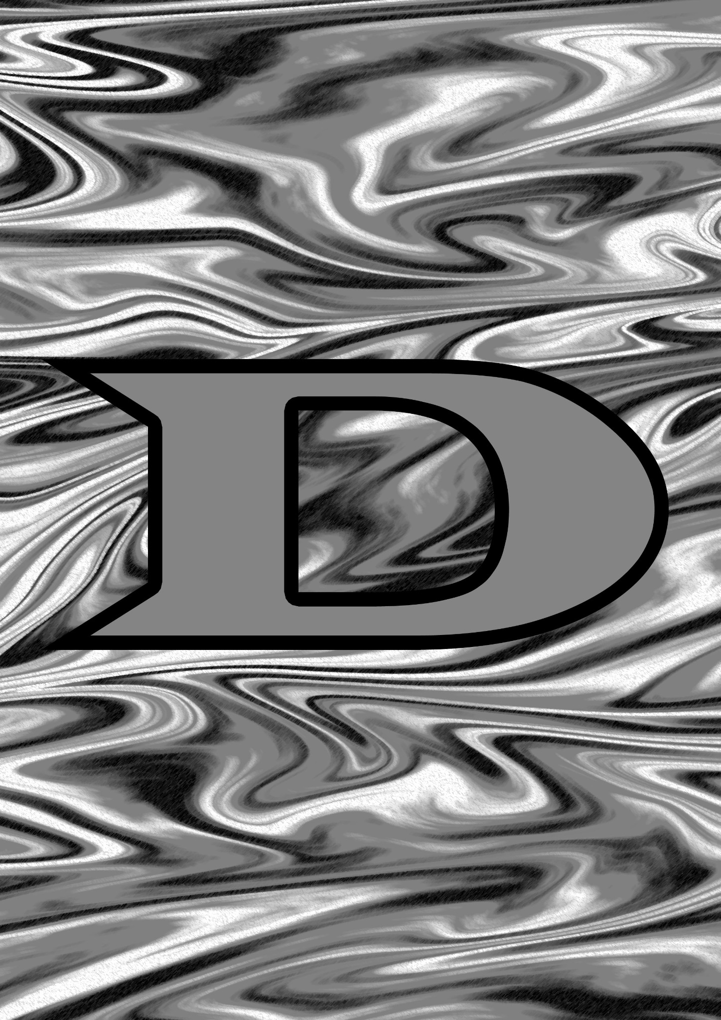 Szara litera D z czarnym obrysem na abstrakcyjnym, marmurkowym tle w odcieniach szarości.