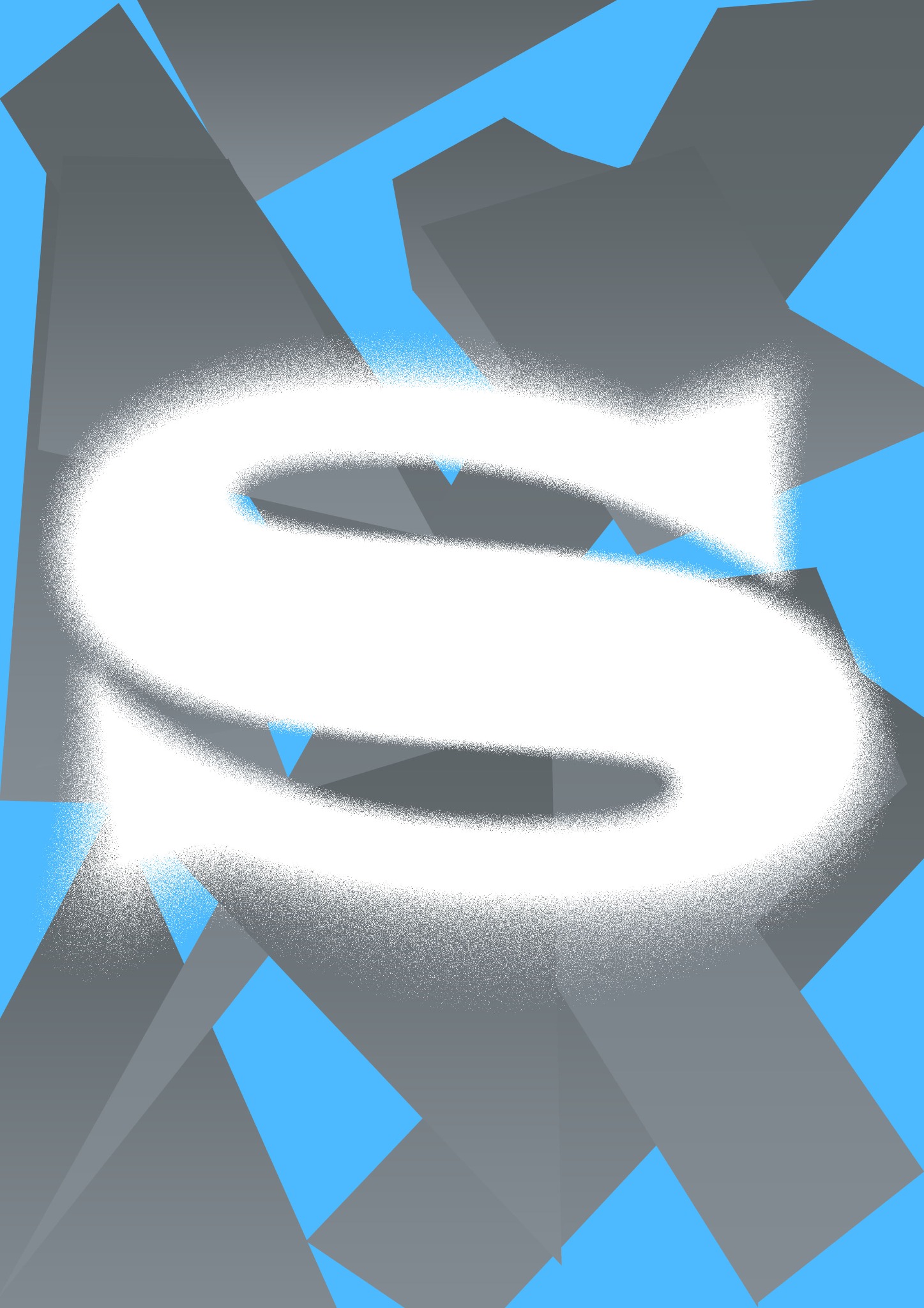 Ilustracja litery S wykonana techniką rozprysku farby na abstrakcyjnym tle z szarych i niebieskich trójkątnych elementów.