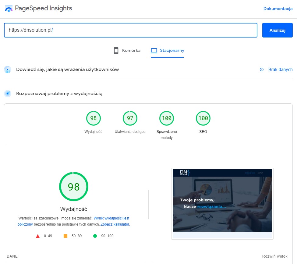 Wynik analizy PageSpeed Insights dla strony dnsolution.pl, wskazujący na wysokie oceny wydajności, dostępności, sprawdzonych metod i SEO, z ogólną oceną wydajności 98.