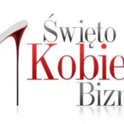 Grafika z czerwoną szpilką i napisem 'Święto Kobiet Biznesu' w odcieniach szarości i czerwieni.