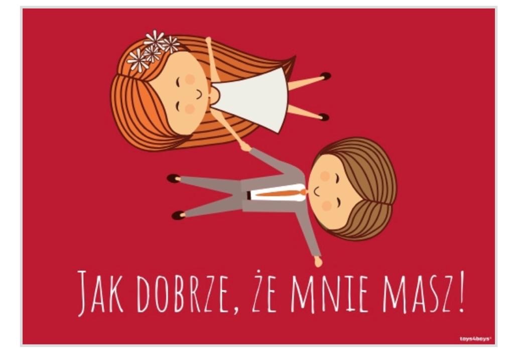 Ilustracja przedstawiająca parę w stylu kreskówkowym na czerwonym tle z napisem 'Jak dobrze, że mnie masz!'.