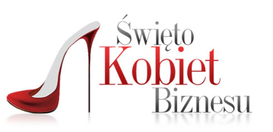 Grafika z czerwoną szpilką i napisem 'Święto Kobiet Biznesu' w odcieniach szarości i czerwieni.