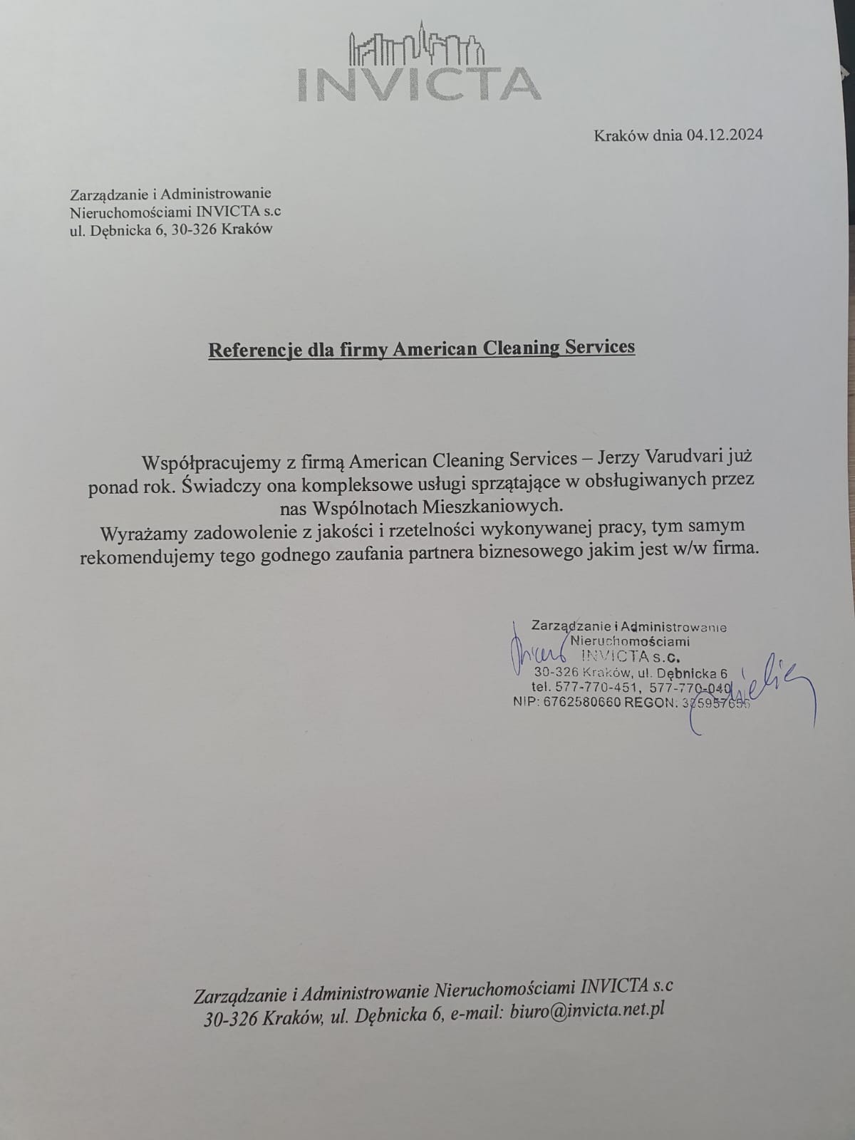 Skan dokumentu referencyjnego od firmy INVICTA dla firmy American Cleaning Services, potwierdzający współpracę w zakresie usług sprzątających we Wspólnotach Mieszkaniowych, z datą 04.12.2024...