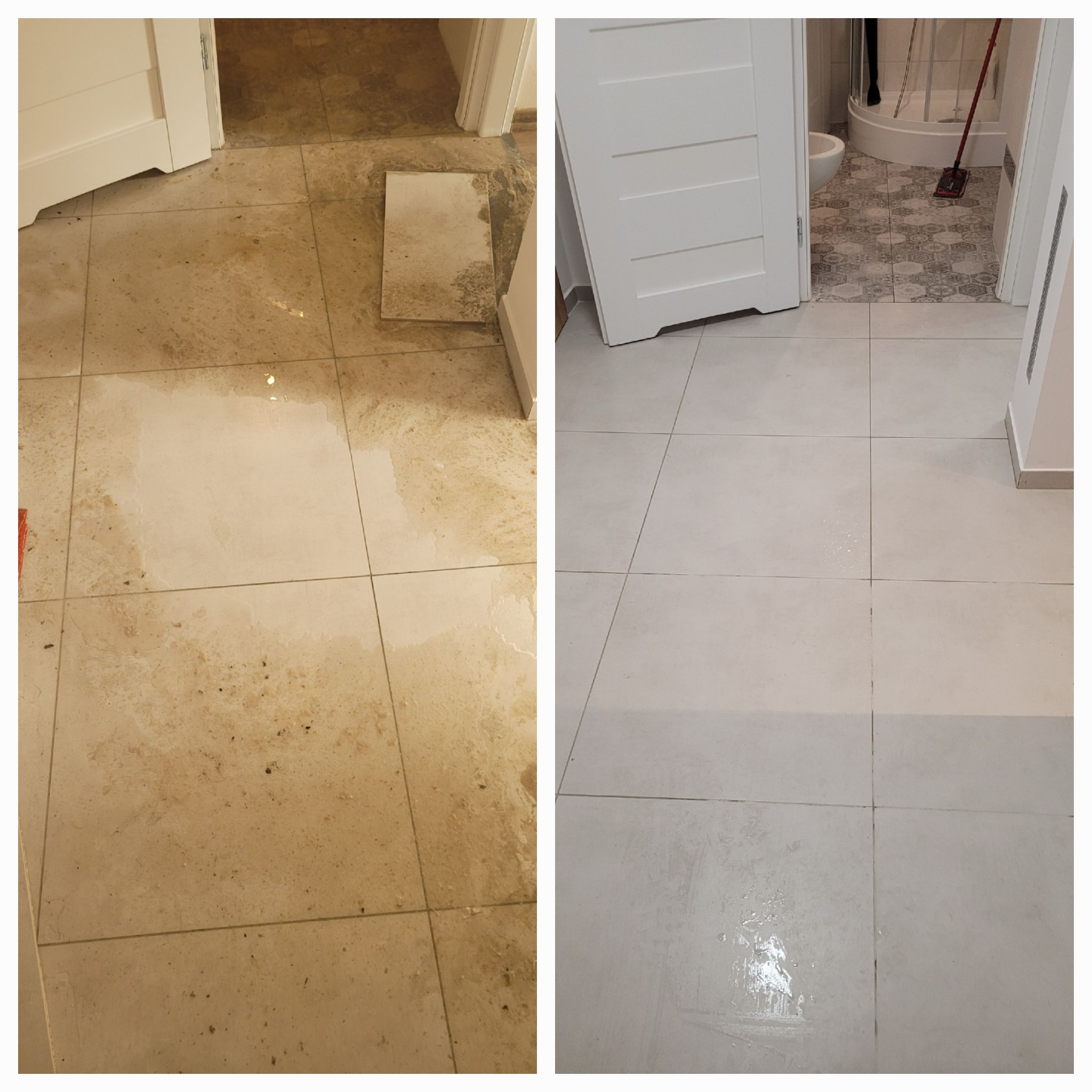 Porównanie stanu podłogi w łazience przed i po czyszczeniu: po lewej stronie widoczne silne zabrudzenia na beżowych płytkach, po prawej - czyste, białe płytki z lekką wilgocią po umyciu.