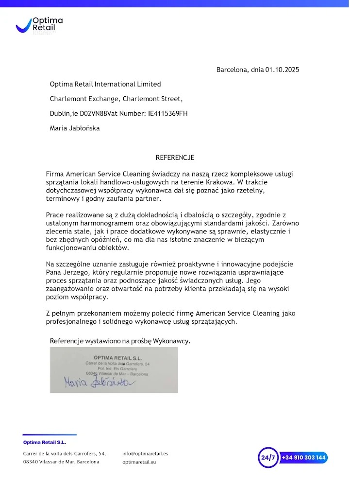 Referencje dla American Service Cleaning za sprzątanie lokali handlowo-usługowych w Krakowie, wystawione przez Optima Retail z Barcelony, dnia 01.10.2025.