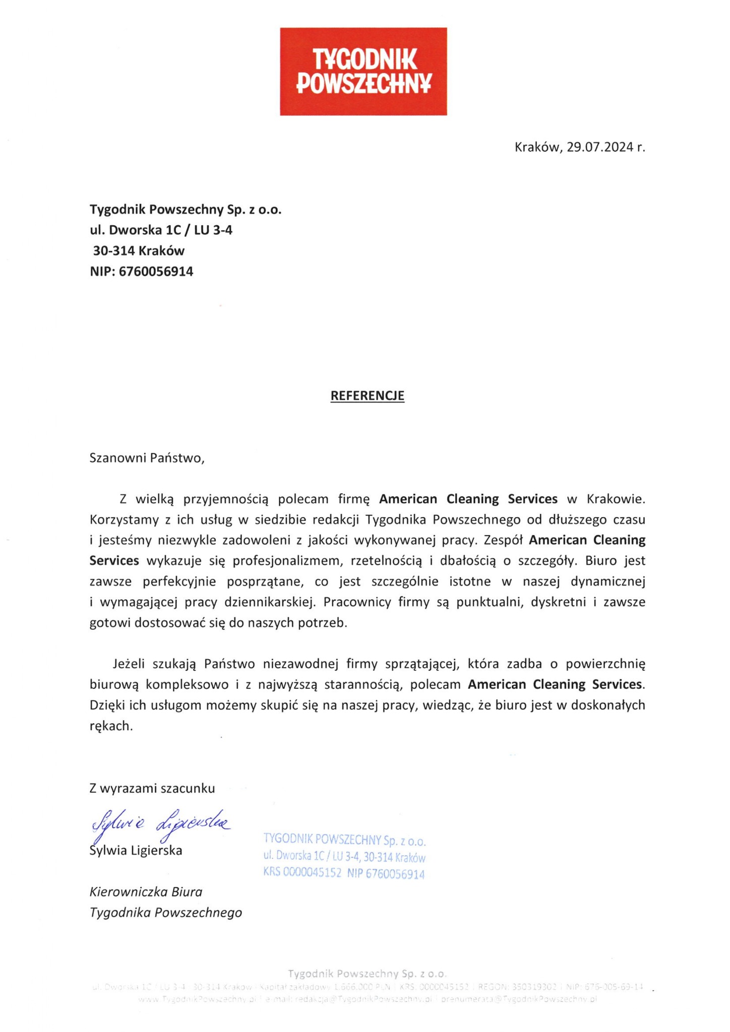 Referencje dla American Cleaning Services od Tygodnika Powszechnego. Dokument potwierdza profesjonalizm i wysoką jakość usług sprzątania biur.