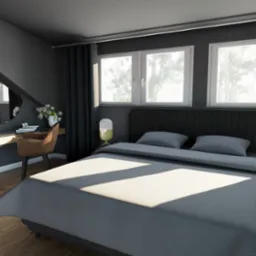 Nowoczesna sypialnia z szarą pościelą, biurkiem z laptopem i okrągłym lustrem na ścianie, oświetlona naturalnym światłem z trzech okien.