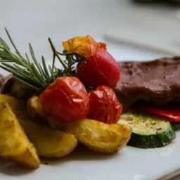 Elegancko podane danie: pieczone ziemniaki, grillowana cukinia, pomidorki cherry i mięso z sosem, udekorowane gałązką rozmarynu.