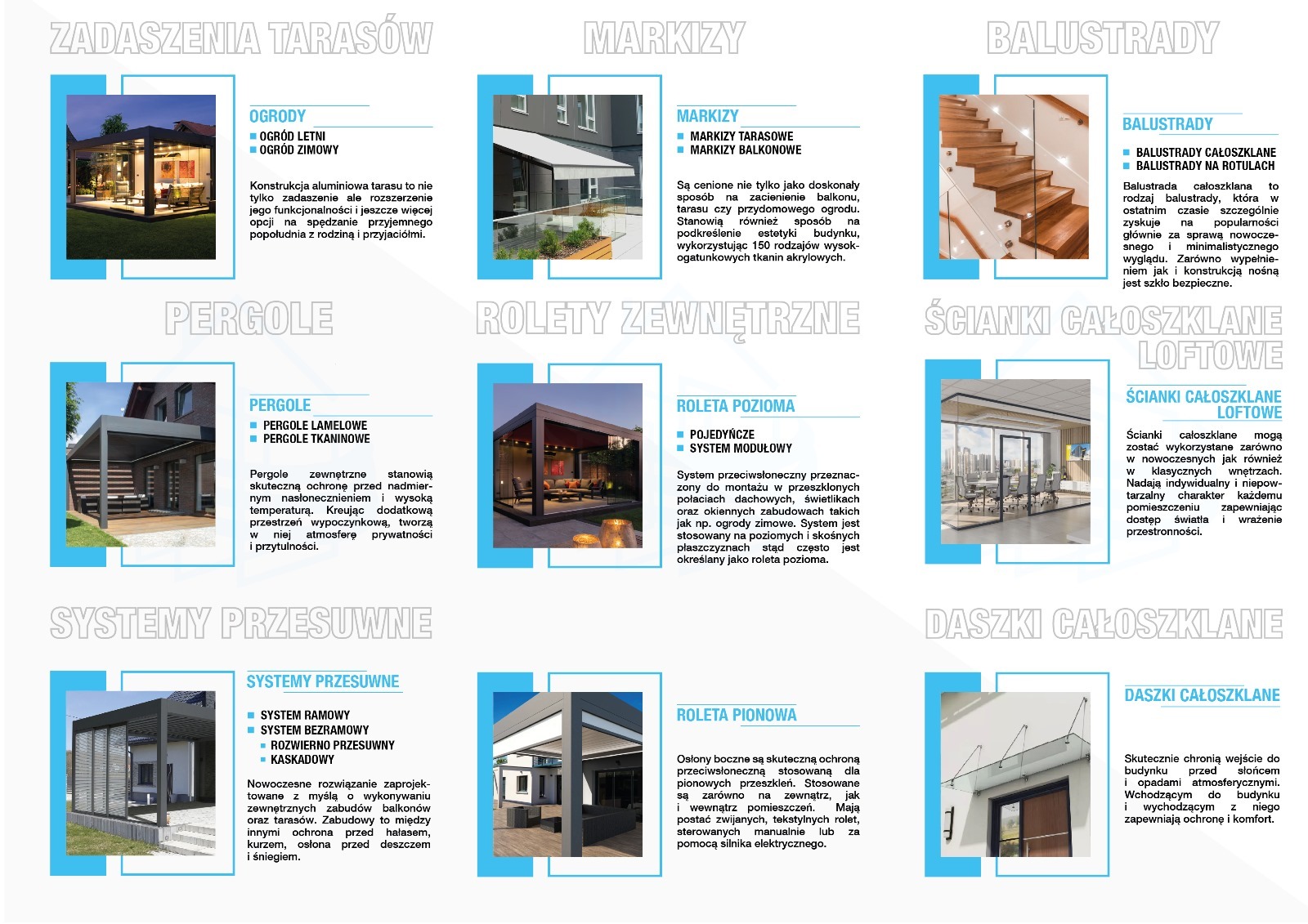 Kompilacja zdjęć prezentujących różne systemy zadaszeń i przeszkleń, w tym pergole, markizy, balustrady, rolety i ścianki całoszklane, ukazane w formie graficznej prezentacji.