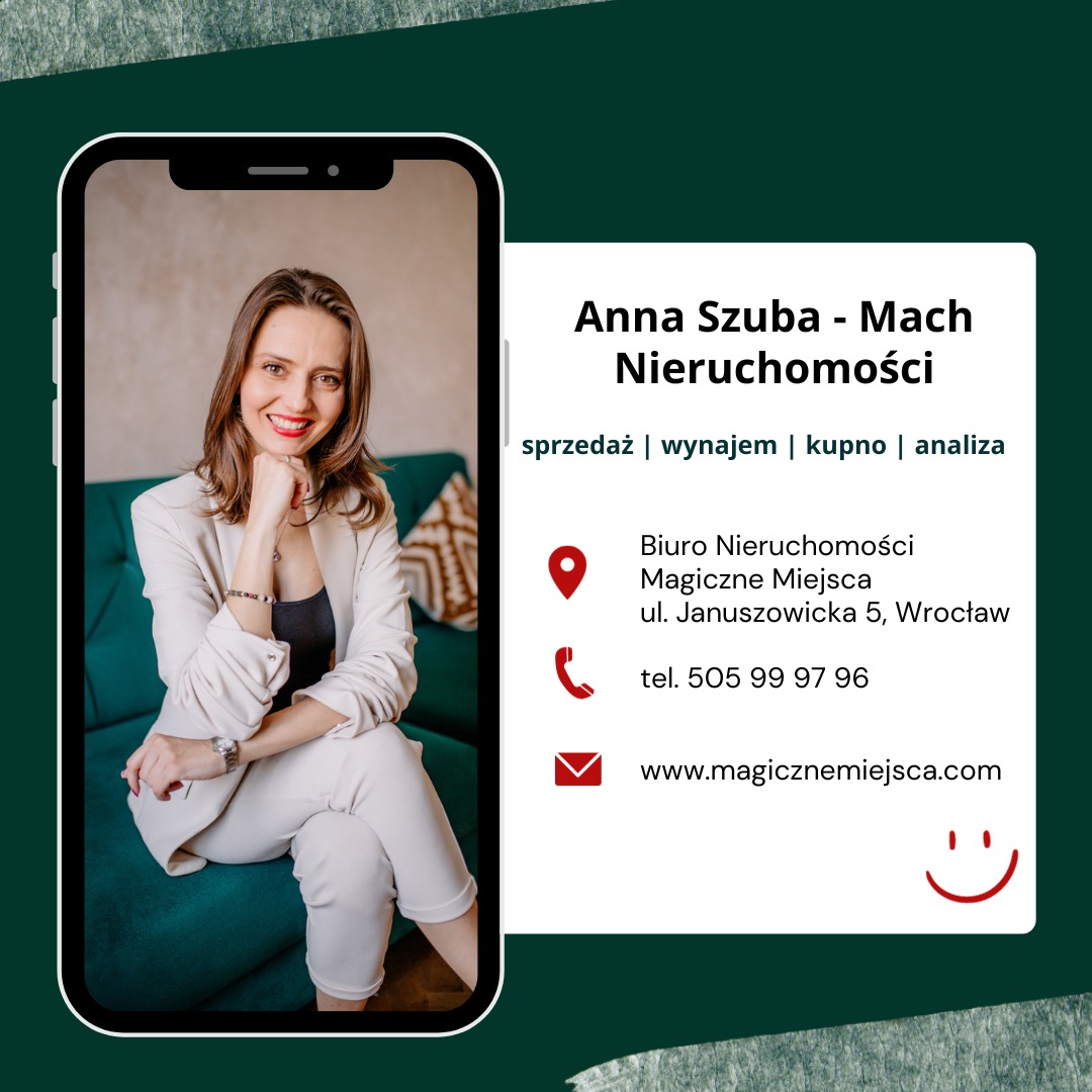 Reklama biura nieruchomości Anna Szuba-Mach, prezentująca portret kobiety w jasnym garniturze, siedzącej na zielonej kanapie, obok dane kontaktowe: adres, telefon i strona internetowa.