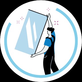 Ilustracja przedstawiająca mężczyznę w kombinezonie, trzymającego pionowo duże, przezroczyste szkło, prawdopodobnie okno, na białym tle z okręgiem w kolorze jasnoniebieskim i dekoracyjnymi...