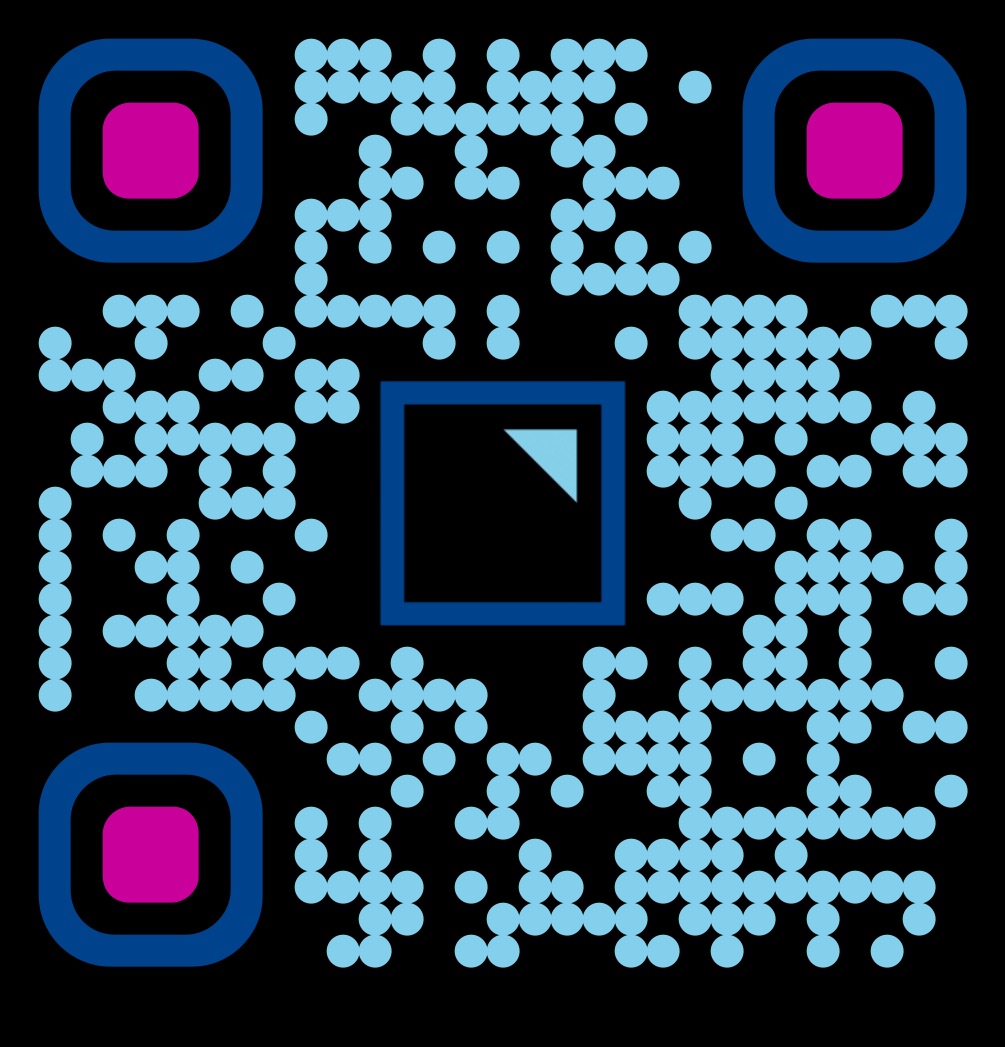 Grafika QR kodu w kolorach niebieskim, różowym i błękitnym na czarnym tle. Kod zawiera kwadratowe znaczniki w rogach i centralny kwadrat z trójkątem.