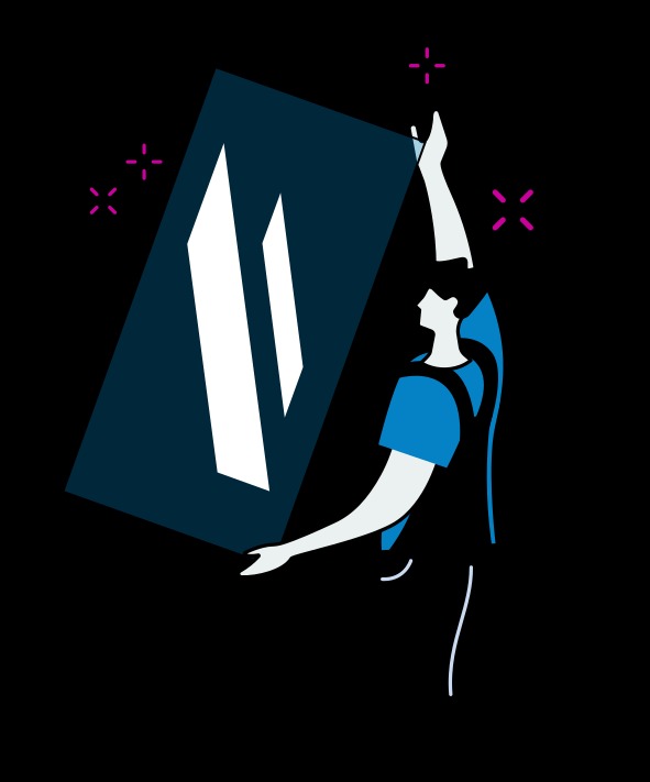 Ilustracja przedstawiająca osobę trzymającą okno z refleksami światła na czarnym tle.