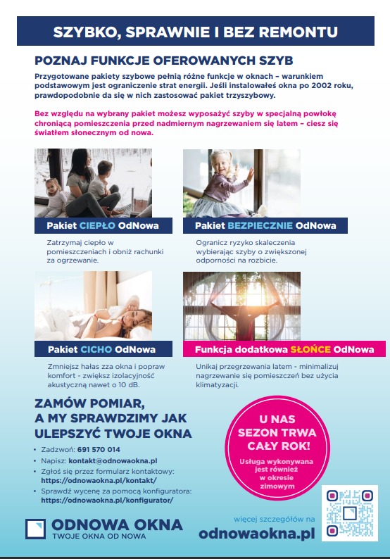 Plakat reklamowy firmy Odnowa Okna prezentujący pakiety szybowe: Ciepło, Bezpiecznie, Cicho i Słońce, zapewniające korzyści takie jak izolacja termiczna, ochrona przed skaleczeniami, redukcja...
