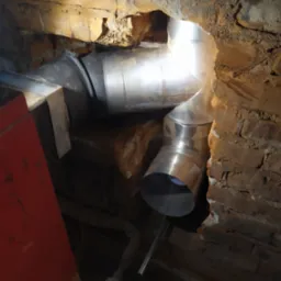 Fragment instalacji odprowadzającej spaliny z pieca, z widocznymi elementami rur ze stali nierdzewnej, wmurowanych w starą cegłę.
