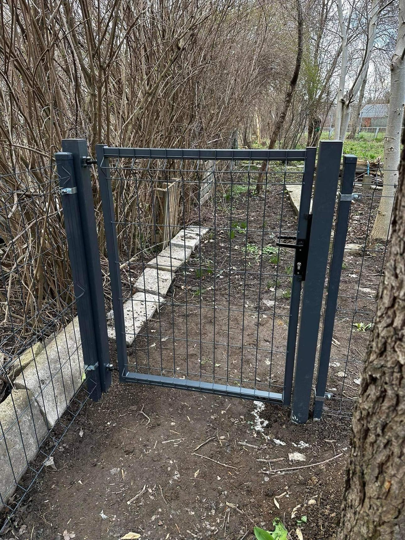 Otwarta, grafitowa furtka z siatki z zamkiem, zamontowana między drzewami i betonowym obrzeżem w ogrodzie.