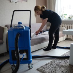 Brilliant Clean Paulina Jaworska - Kobieta w czarnym stroju czyści jasną kanapę za pomocą niebieskiego odkurzacza piorącego z przezroczystą kopułą, w tle obraz z motywem kwiatowym.