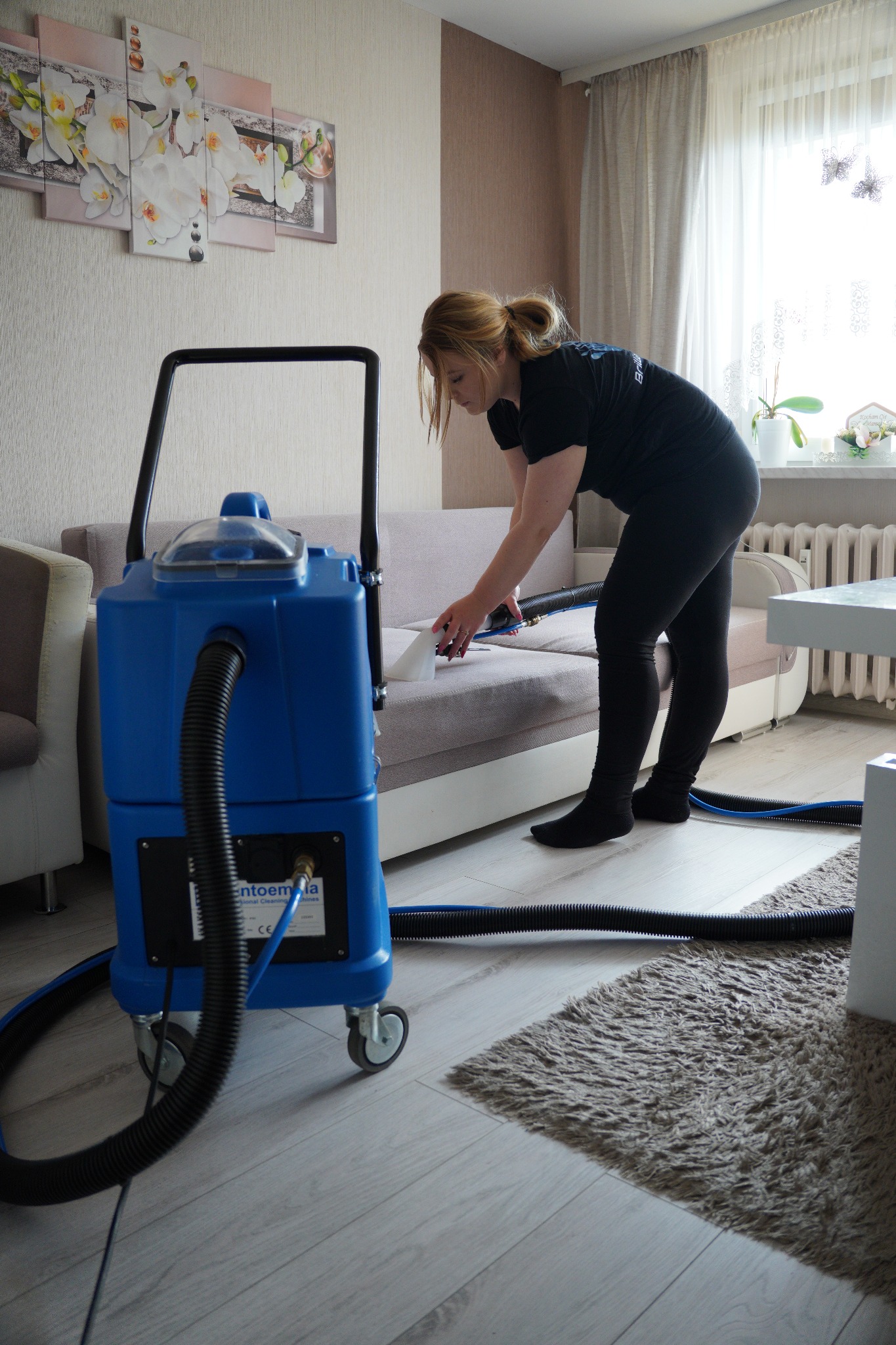 Kobieta w czarnym stroju czyści jasną kanapę za pomocą niebieskiego odkurzacza piorącego z przezroczystą kopułą, w tle obraz z motywem kwiatowym.