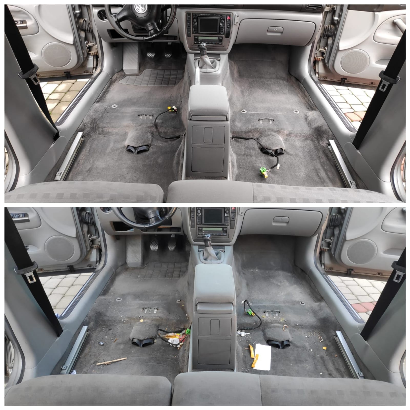 Wnętrze samochodu Volkswagen Passat przed i po czyszczeniu tapicerki podłogowej, z widocznymi różnicami w zabrudzeniach i świeżości dywaników.
