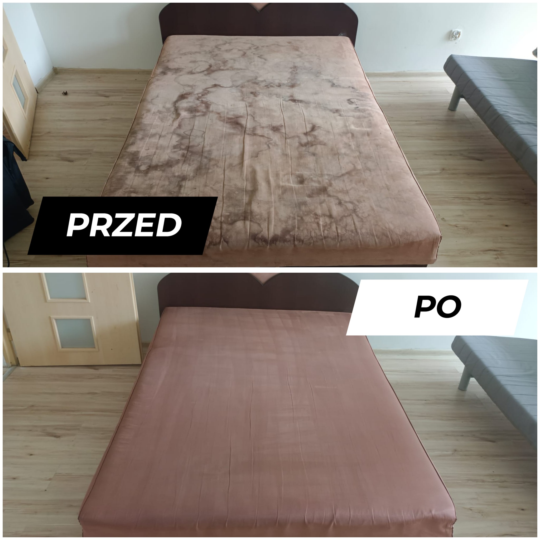 Porównanie: brudny materac z plamami przed czyszczeniem i czysty materac po usunięciu zabrudzeń, widoczne różnice w kolorze i wyglądzie tkaniny.