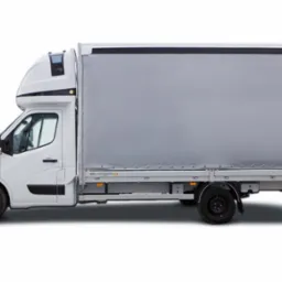 Biały samochód dostawczy z zabudową kontenerową, widok z boku, na białym tle.